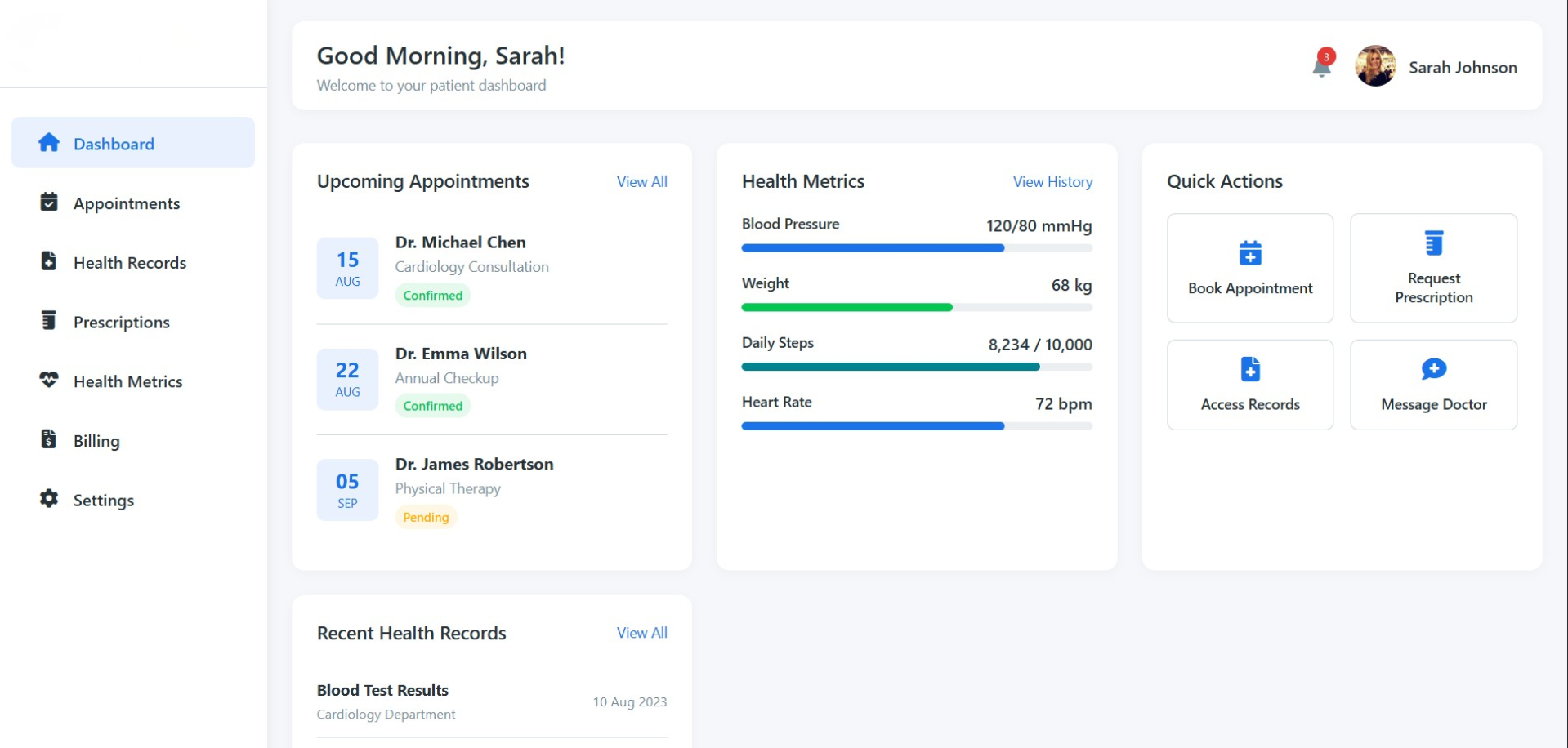 Healthcare app interface
